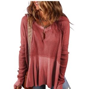 NET Women’s Notched Neck Long Sleeve Slit Blouse Watermelon Pink Size Medium